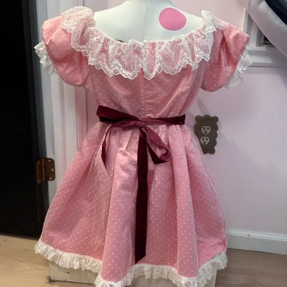 Dolls Kill Pink Polka Dot Lolita Dress with Burgundy Bow - Picture 2 of 2